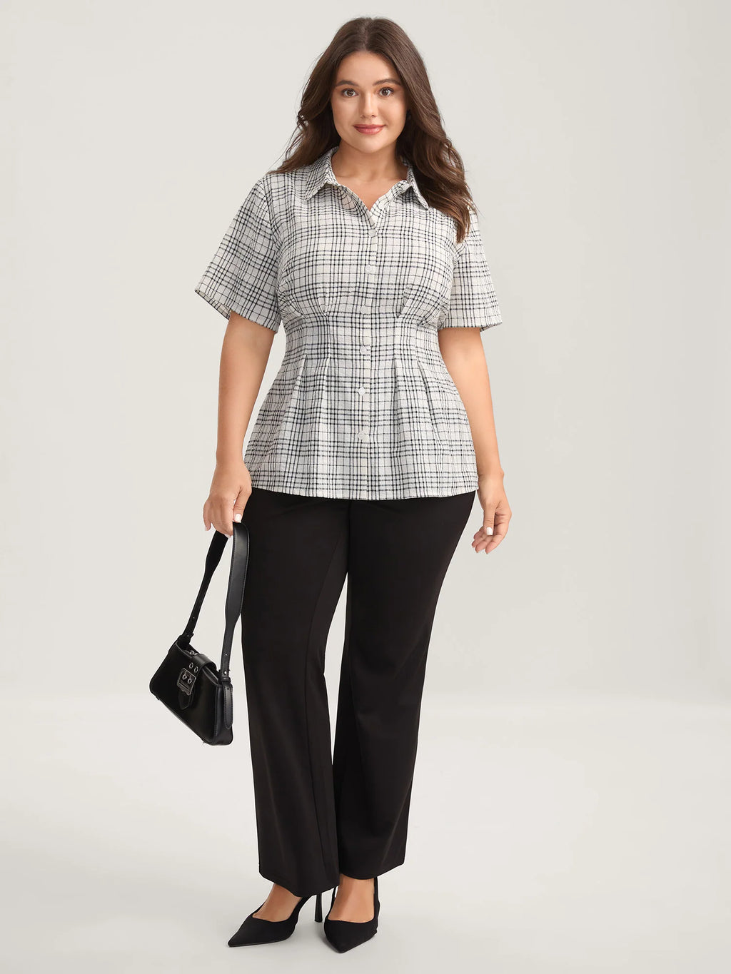 Cotton Plaid Sculpted Button Placket Blouse
