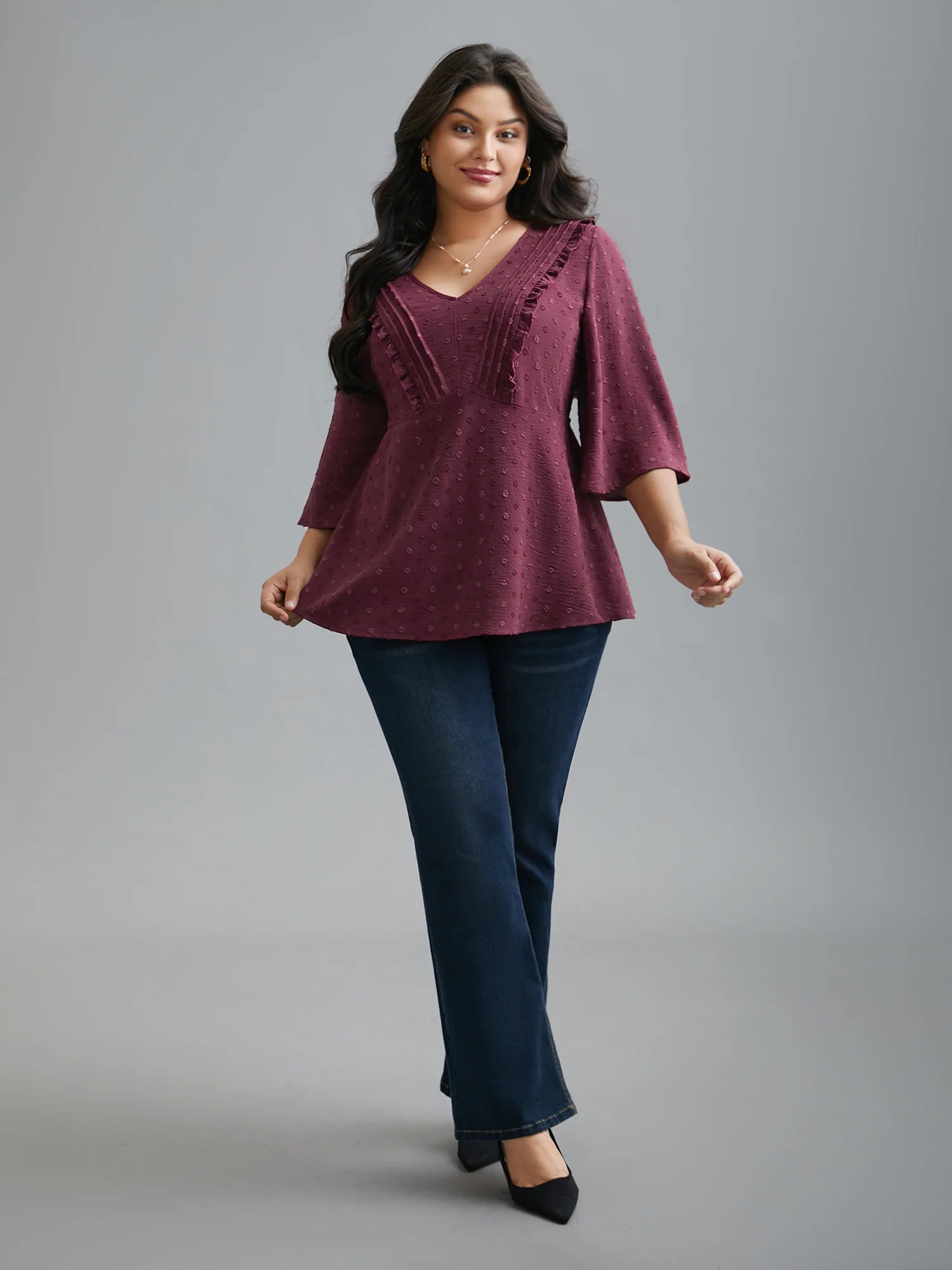 Ruffled Pleated Stretchy Waist Flowy Blouse