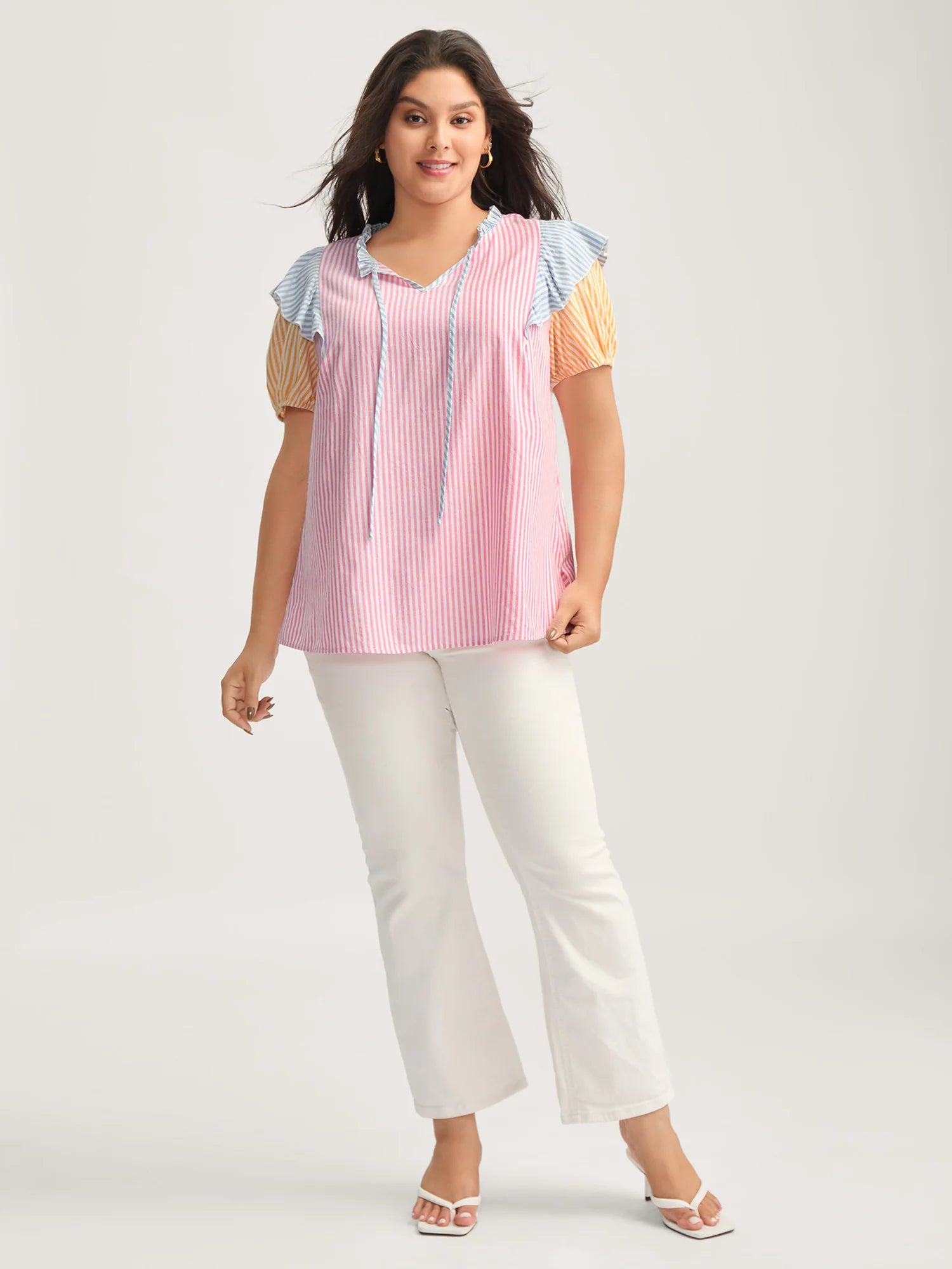 Cotton Colorful Stripes Ruffled Neck Tie Blouse