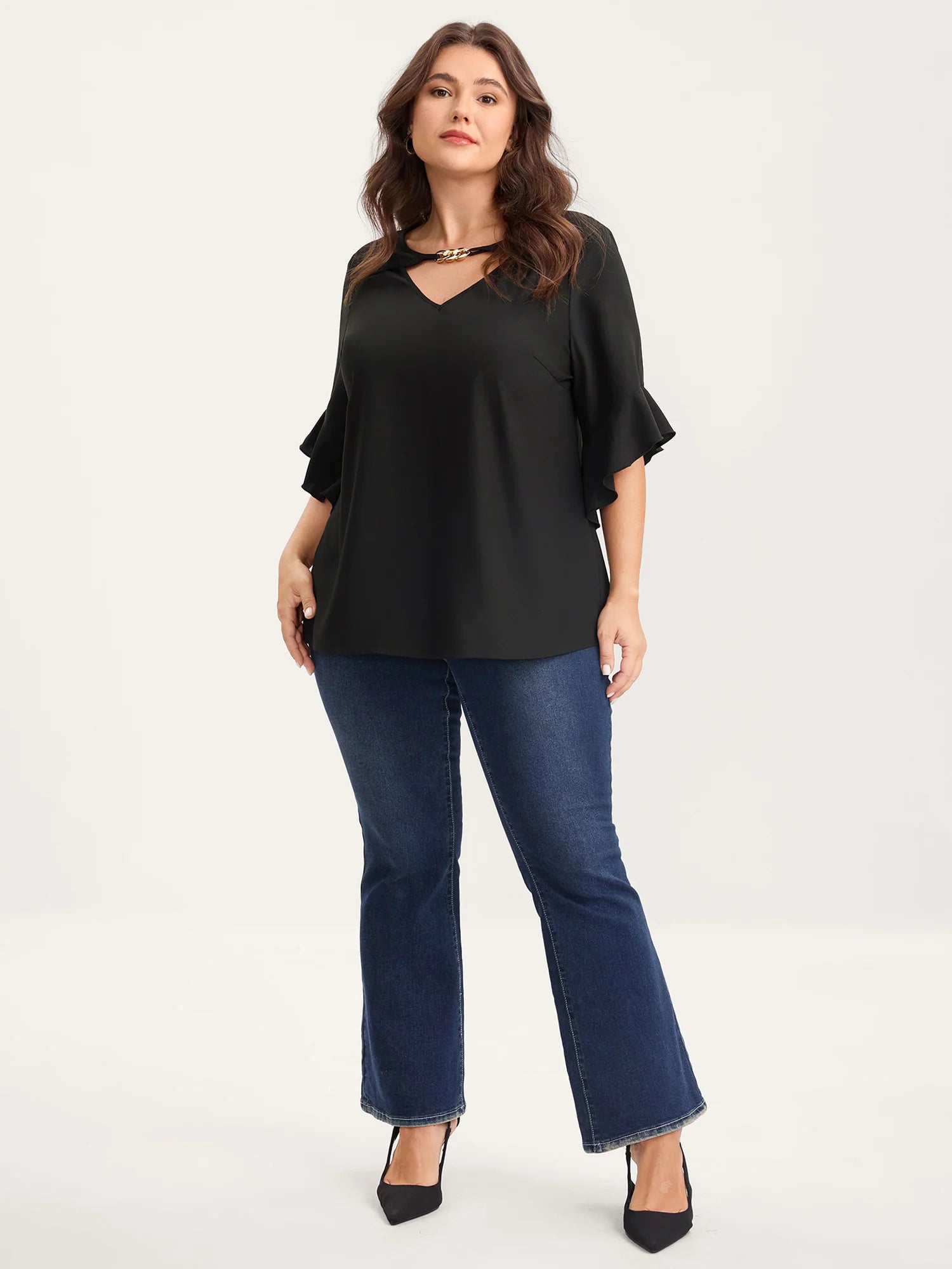 Metallic Neck Detail Ruffled Solid Blouse