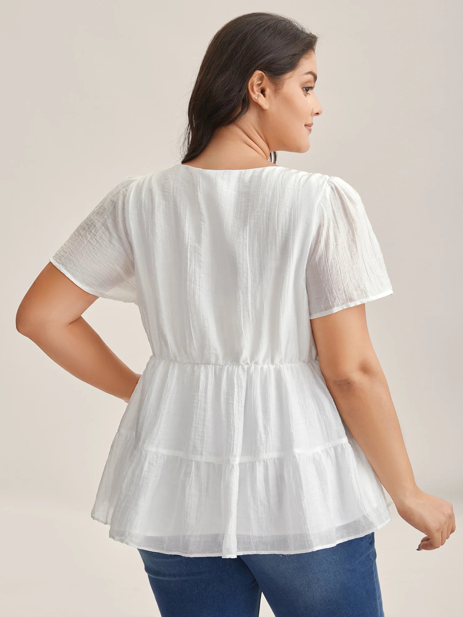 Sheer V-Neck Tie Tiered Blouse