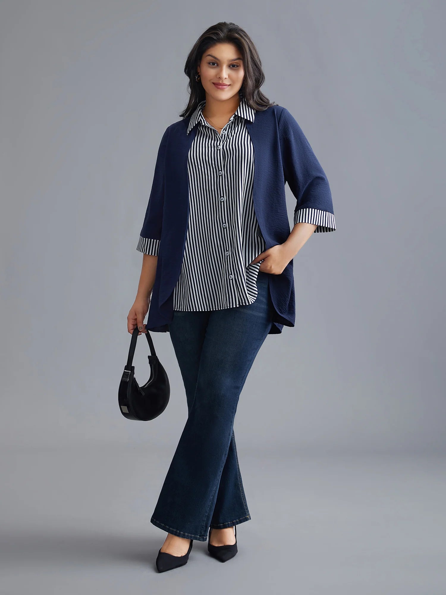 Shirt Collar Patchwork Striped Blouse