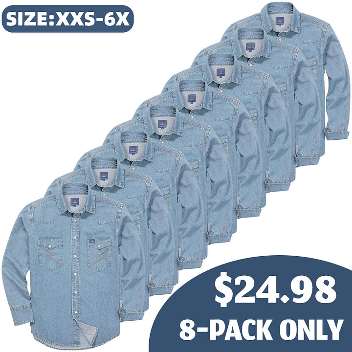 Men's Long Sleeve Stone-Washed and Pre-Washed Denim Work Shirt