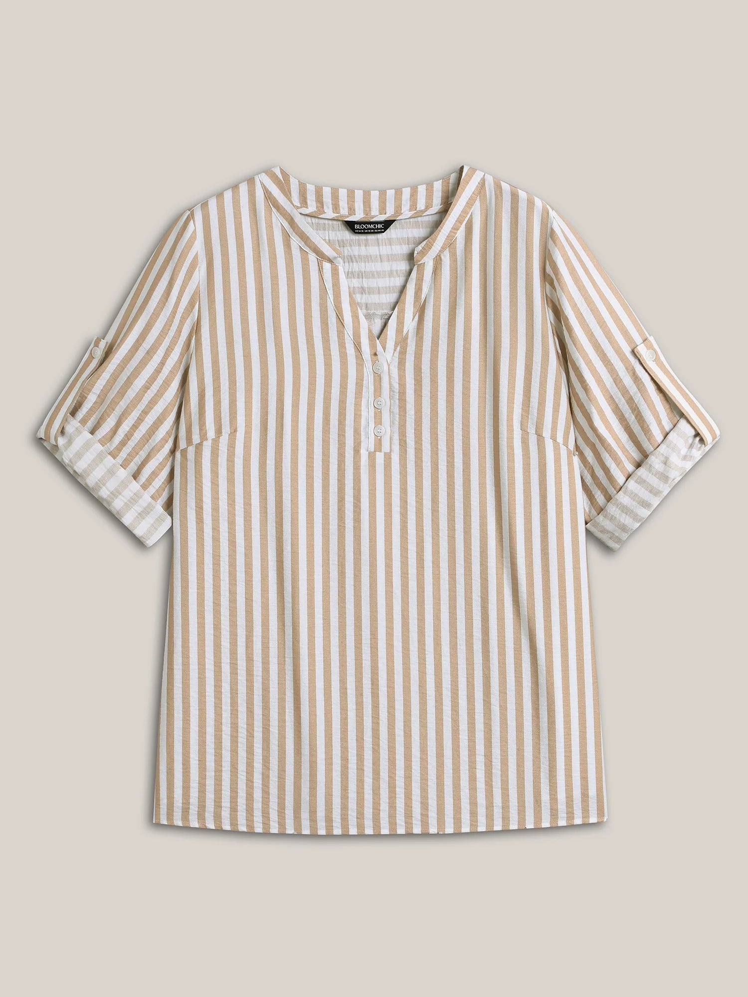 Stripe Print Tab Sleeve Notched Collar Blouse