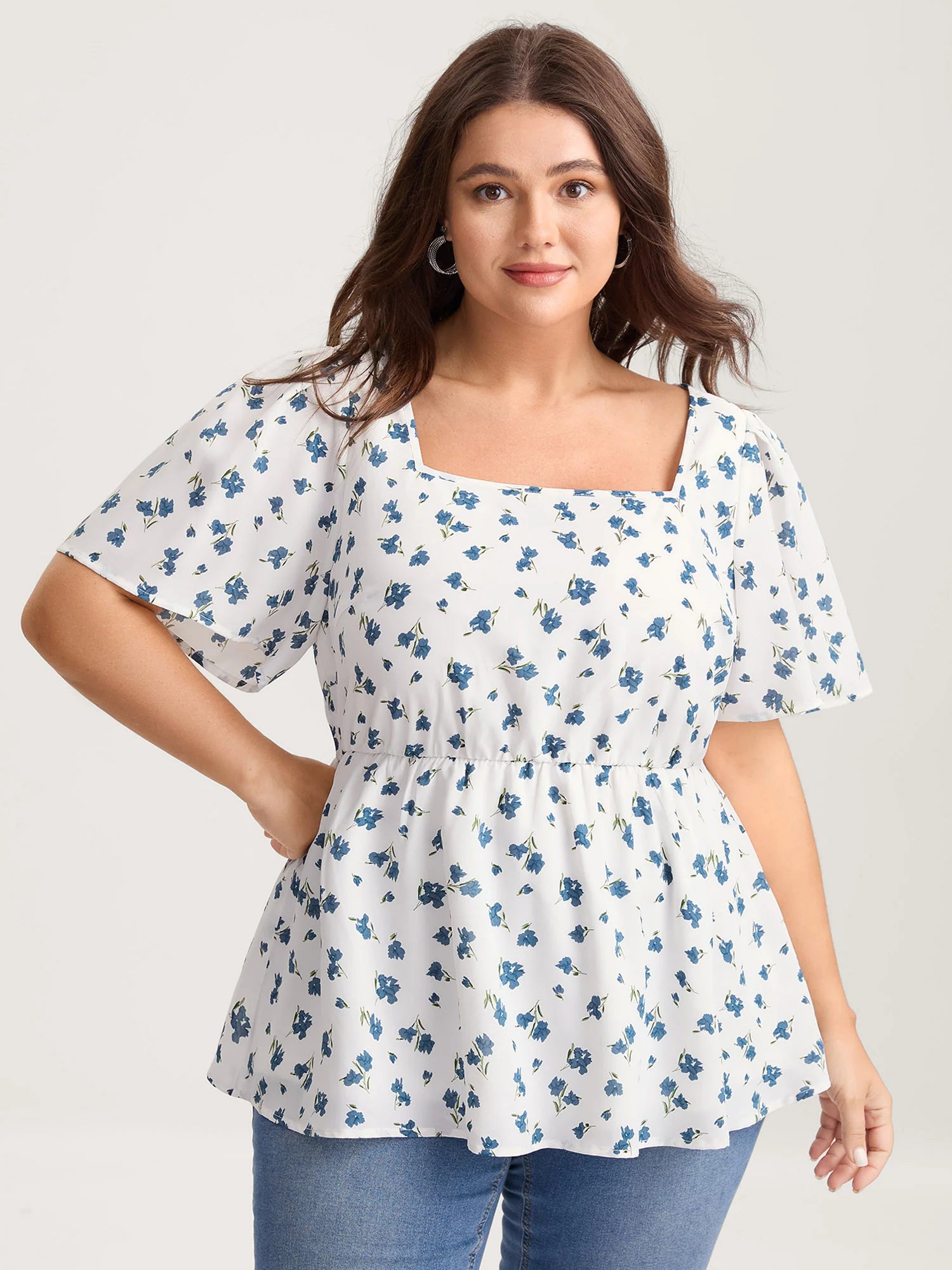 Delicate Floral Print Lotus Sleeve Blouse