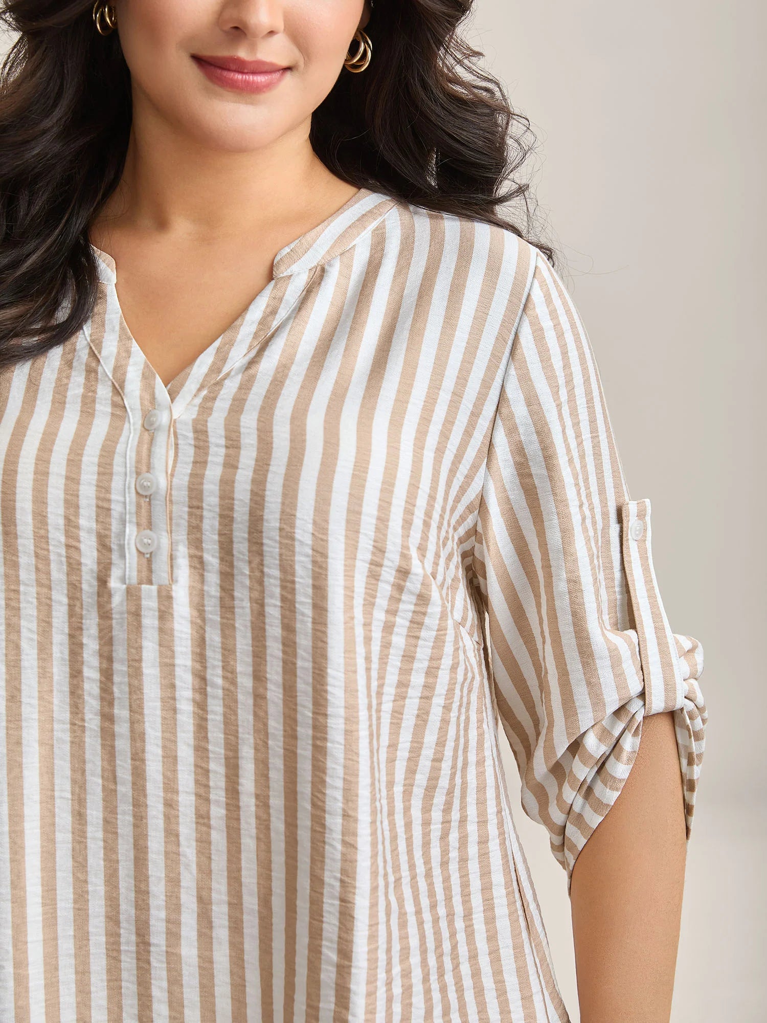 Stripe Print Tab Sleeve Notched Collar Blouse