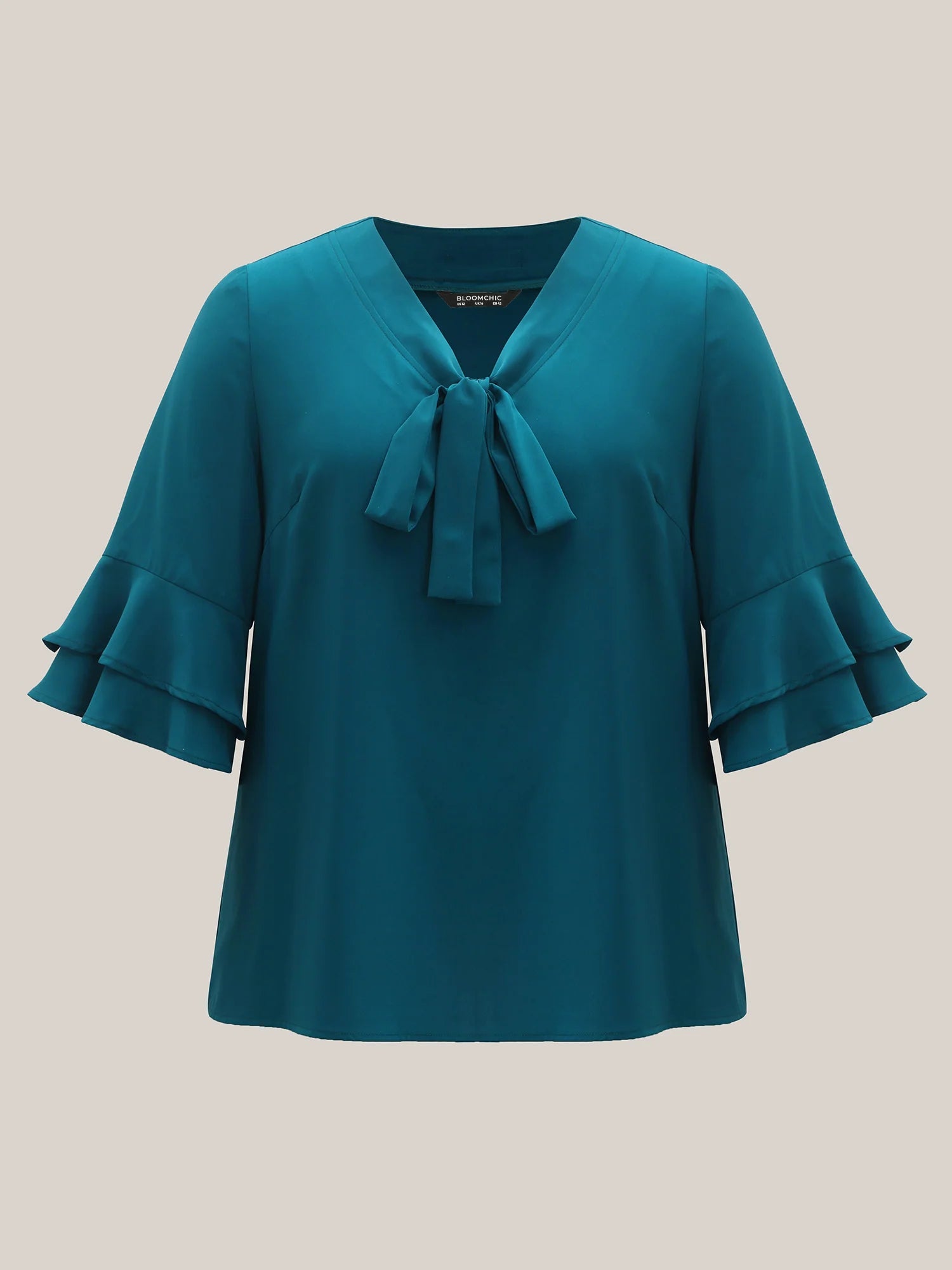 Ribbon Collar Double Lotus Sleeve Blouse