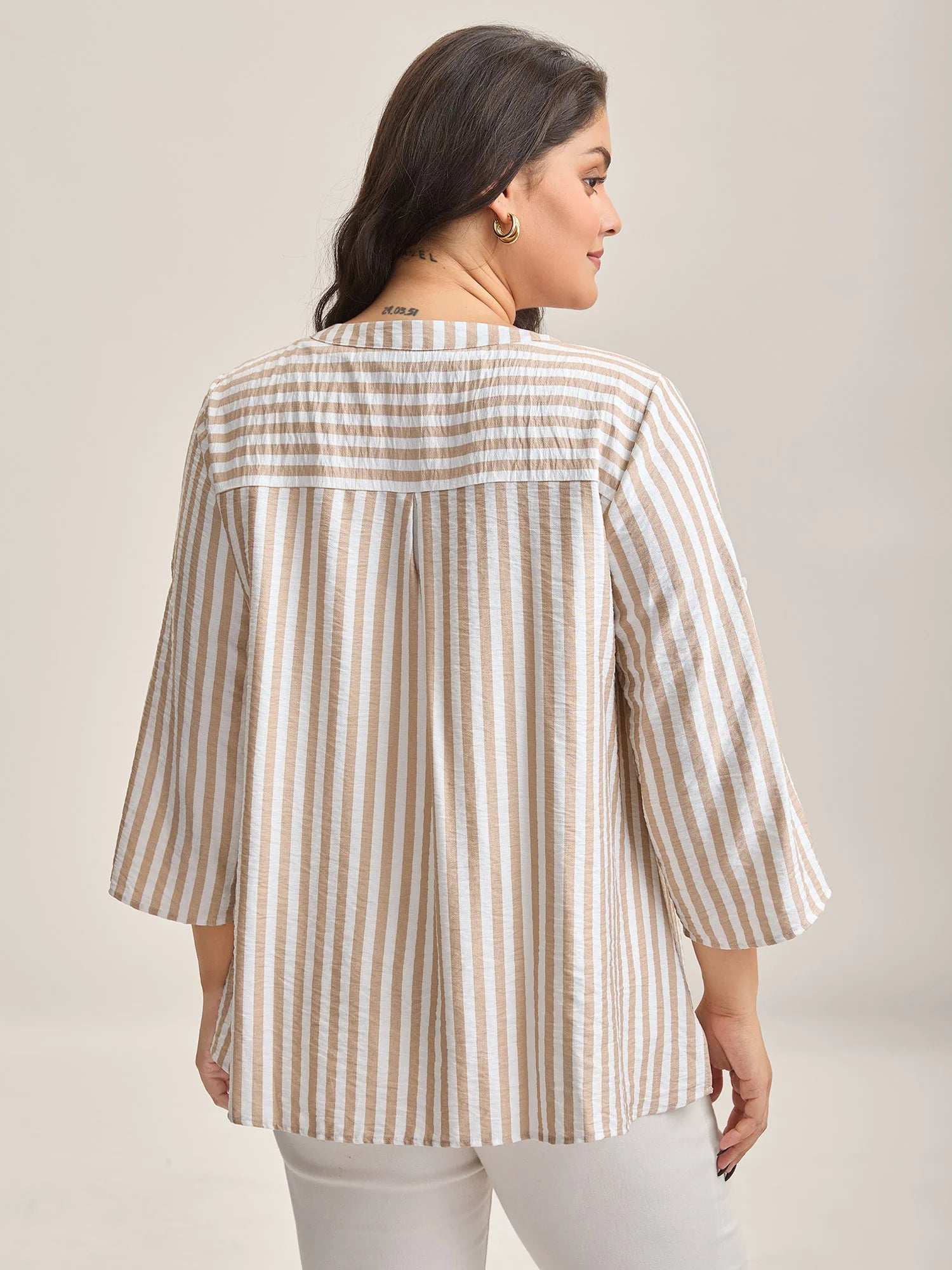 Stripe Print Tab Sleeve Notched Collar Blouse
