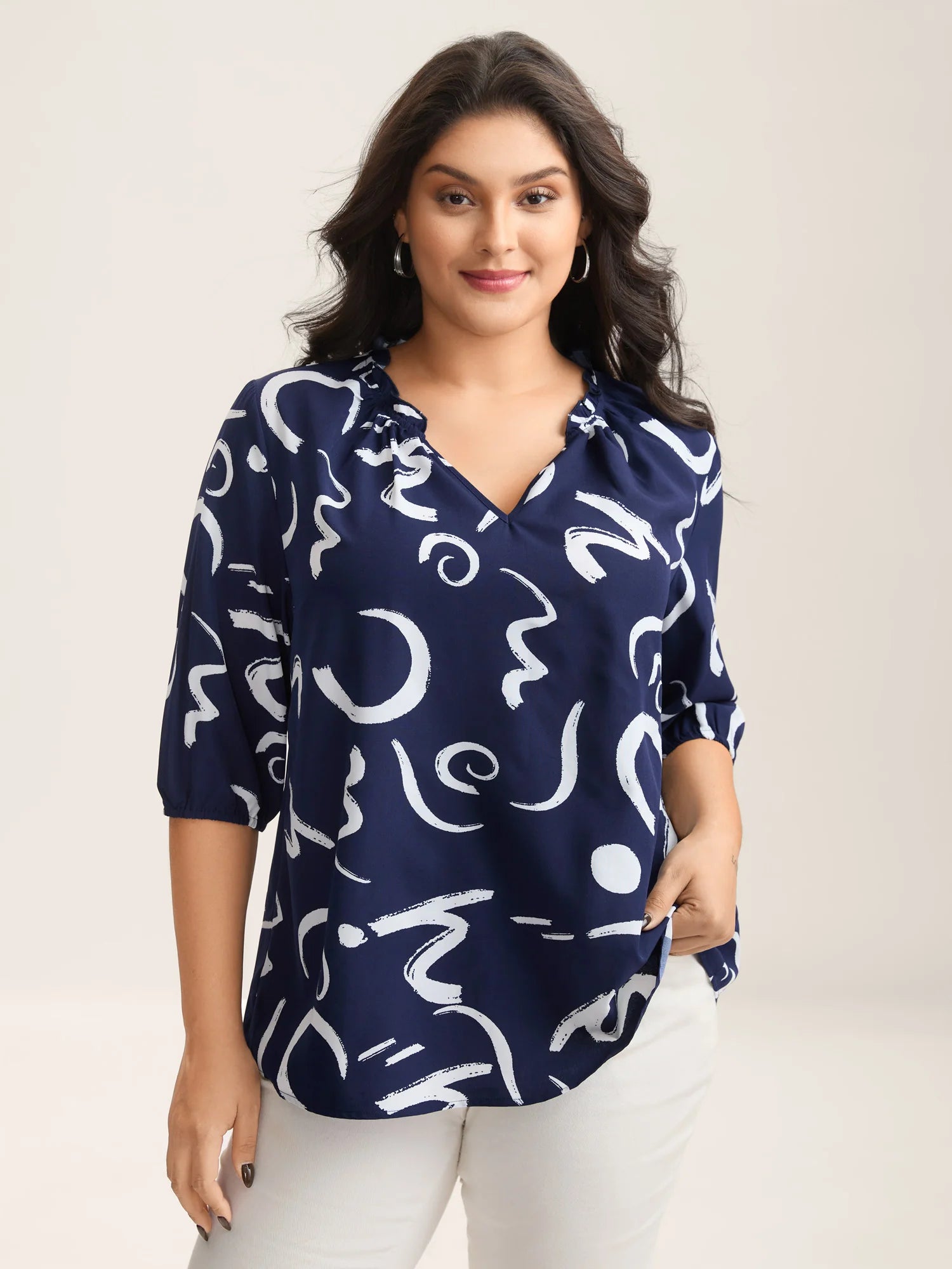 Scribble Print Ruffled Split Neck Blouse