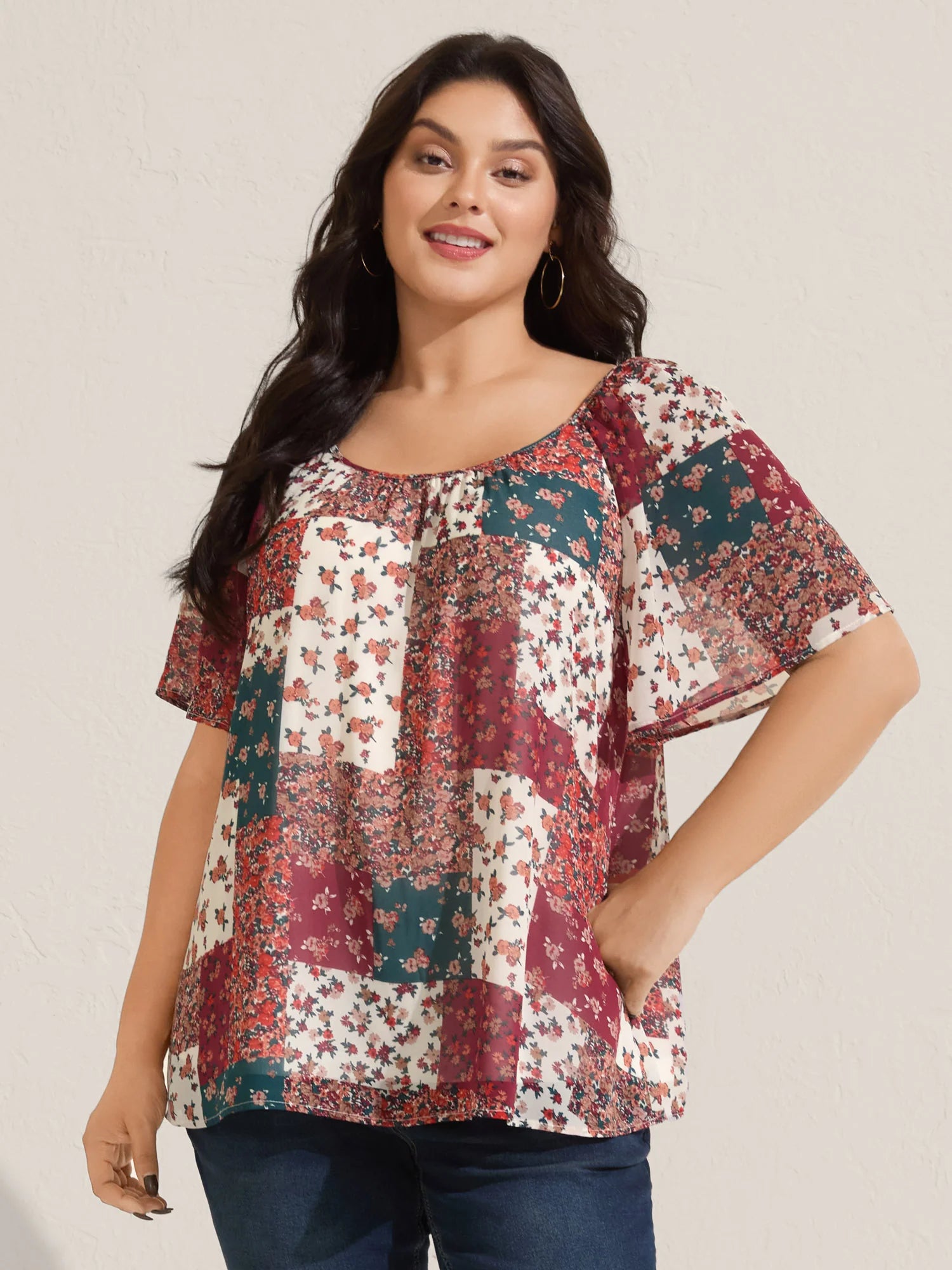 Boho Collage Print Backless Tie Blouse