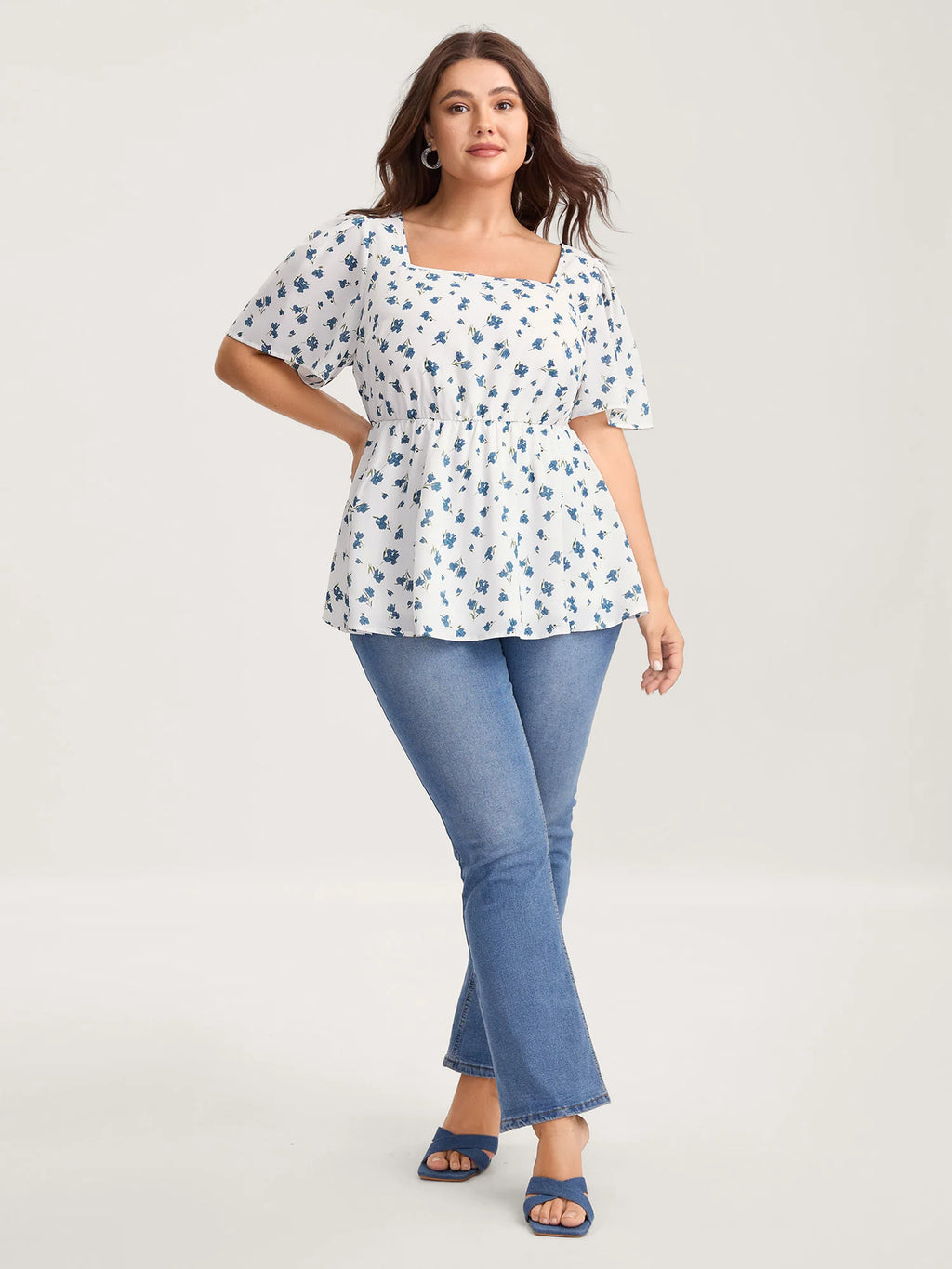 Delicate Floral Print Lotus Sleeve Blouse