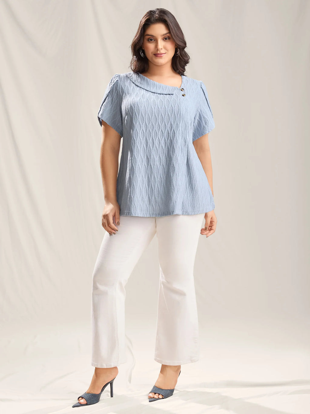 Asymmetrical Collar Textured Plain Blouse