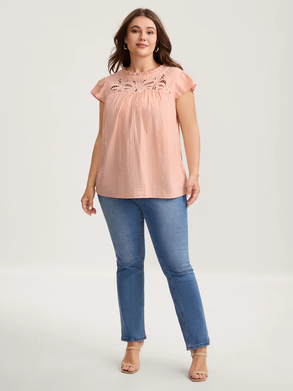 Cotton Cut-Out Lace Ruffled Neck Blouse