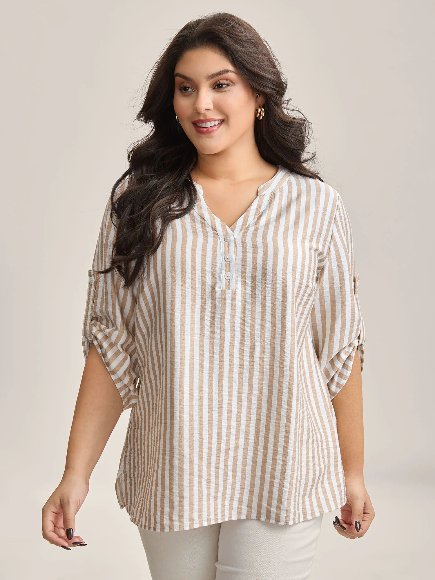 Stripe Print Tab Sleeve Notched Collar Blouse