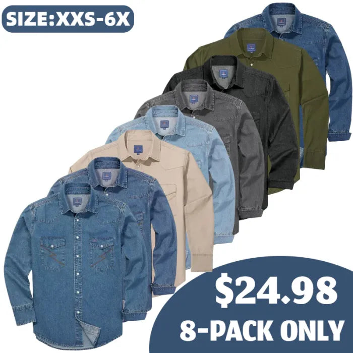 Men's Long Sleeve Stone-Washed and Pre-Washed Denim Work Shirt