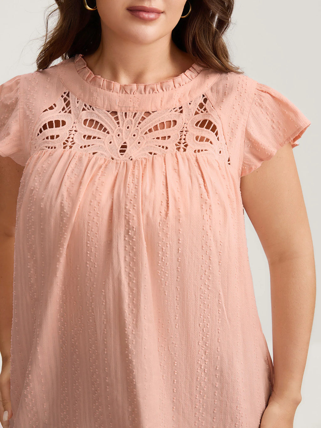 Cotton Cut-Out Lace Ruffled Neck Blouse