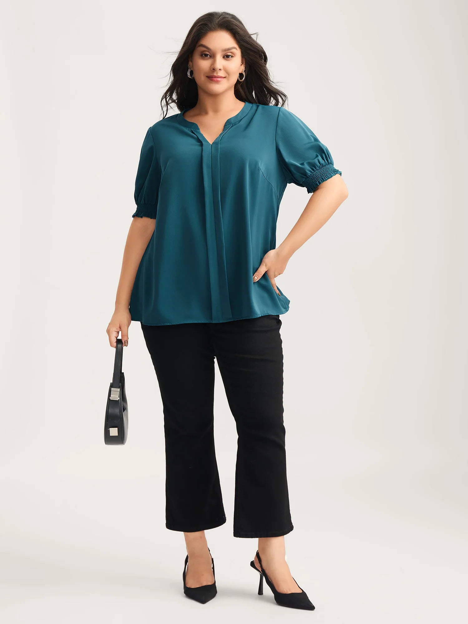 Shirred Puffy Sleeve Solid Blouse