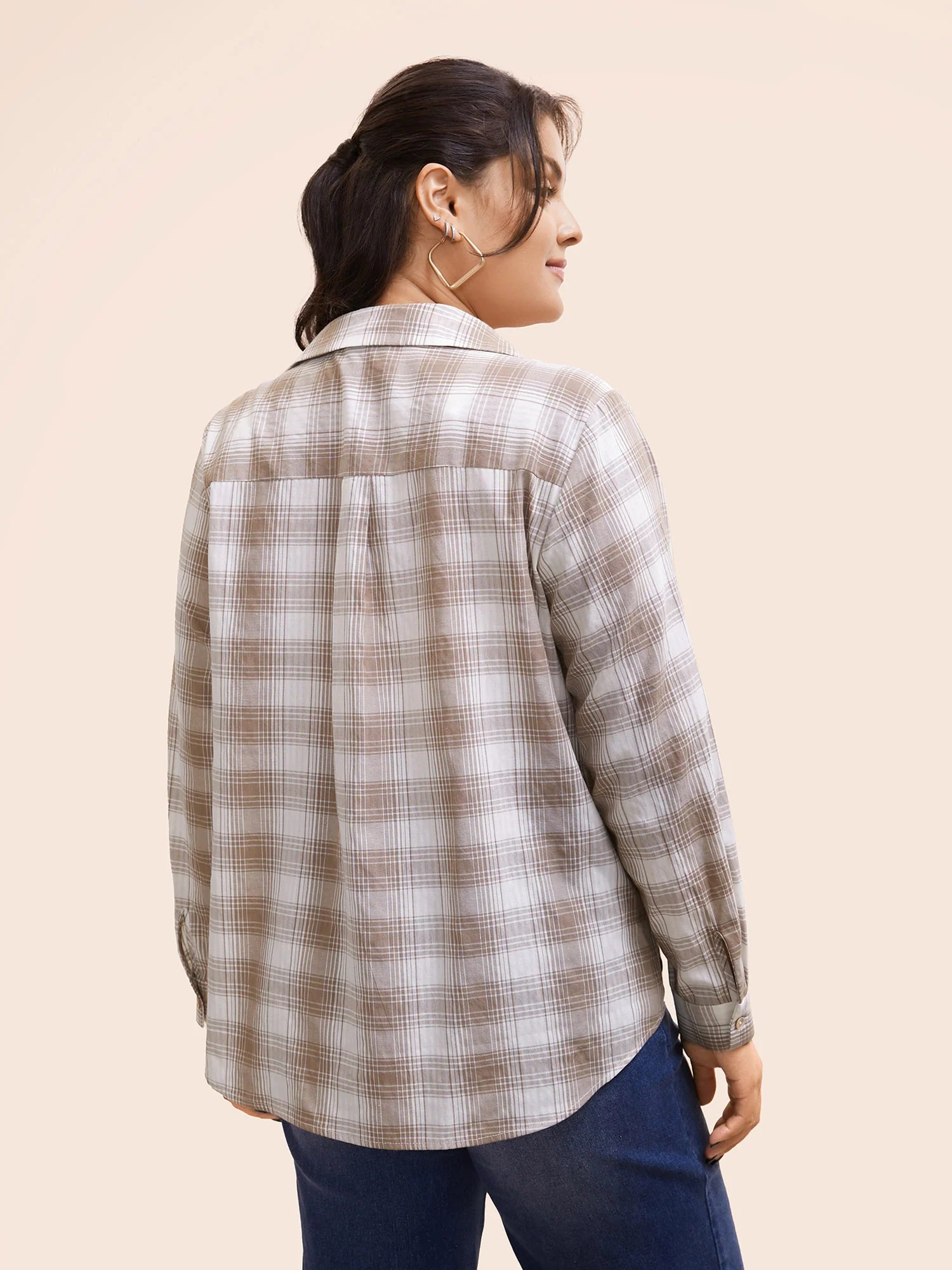 Plaid Shirt Collar Patch Pocket Blouse