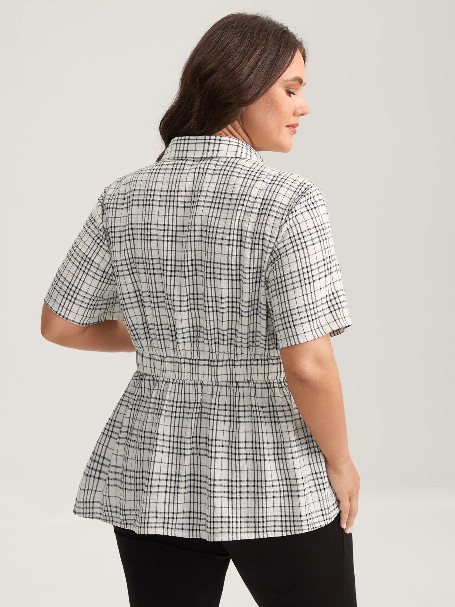 Cotton Plaid Sculpted Button Placket Blouse