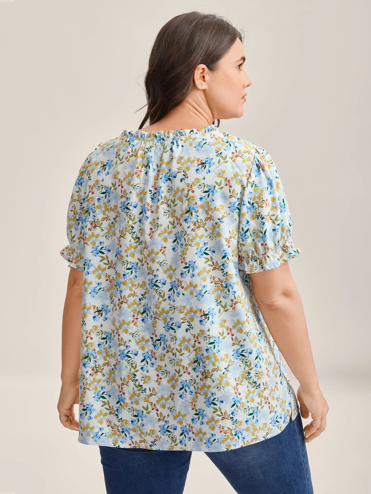 Floral Print Shirred Neck Blouse