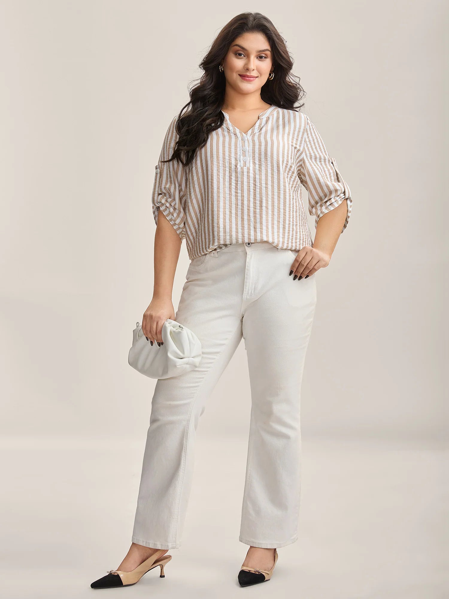 Stripe Print Tab Sleeve Notched Collar Blouse