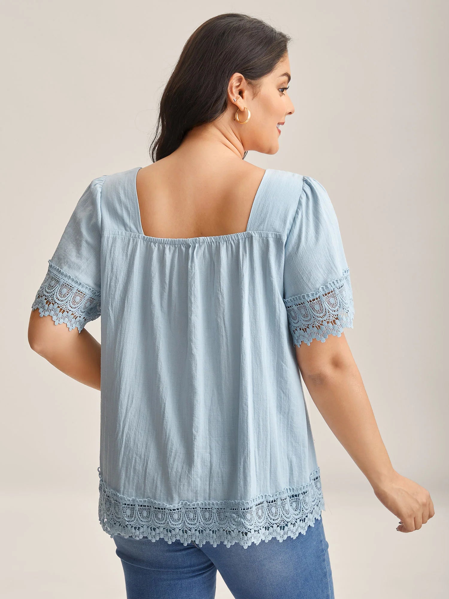 Lace Trim Spliced Solid Blouse