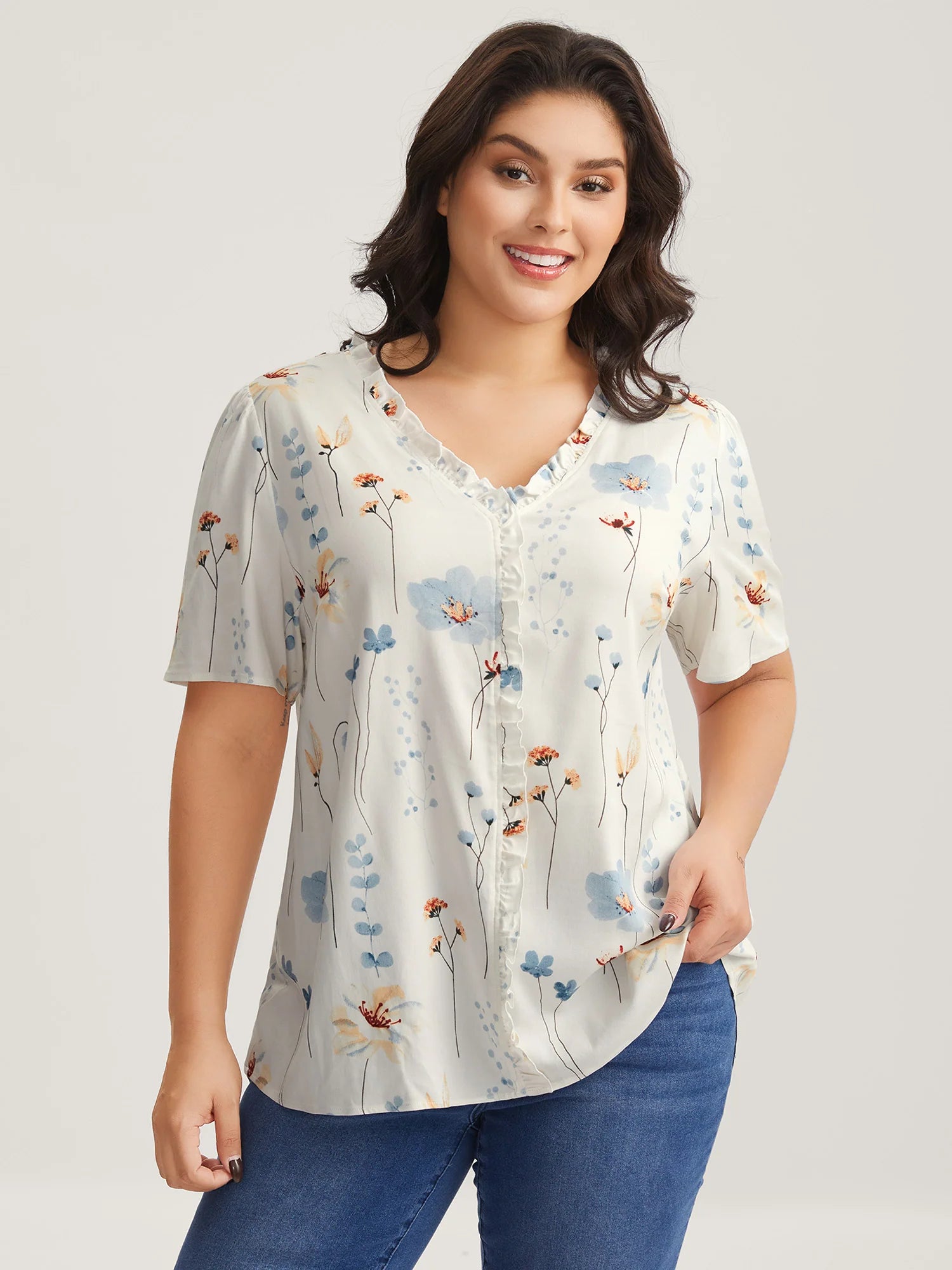 Floral Print Ruffled Placket Blouse