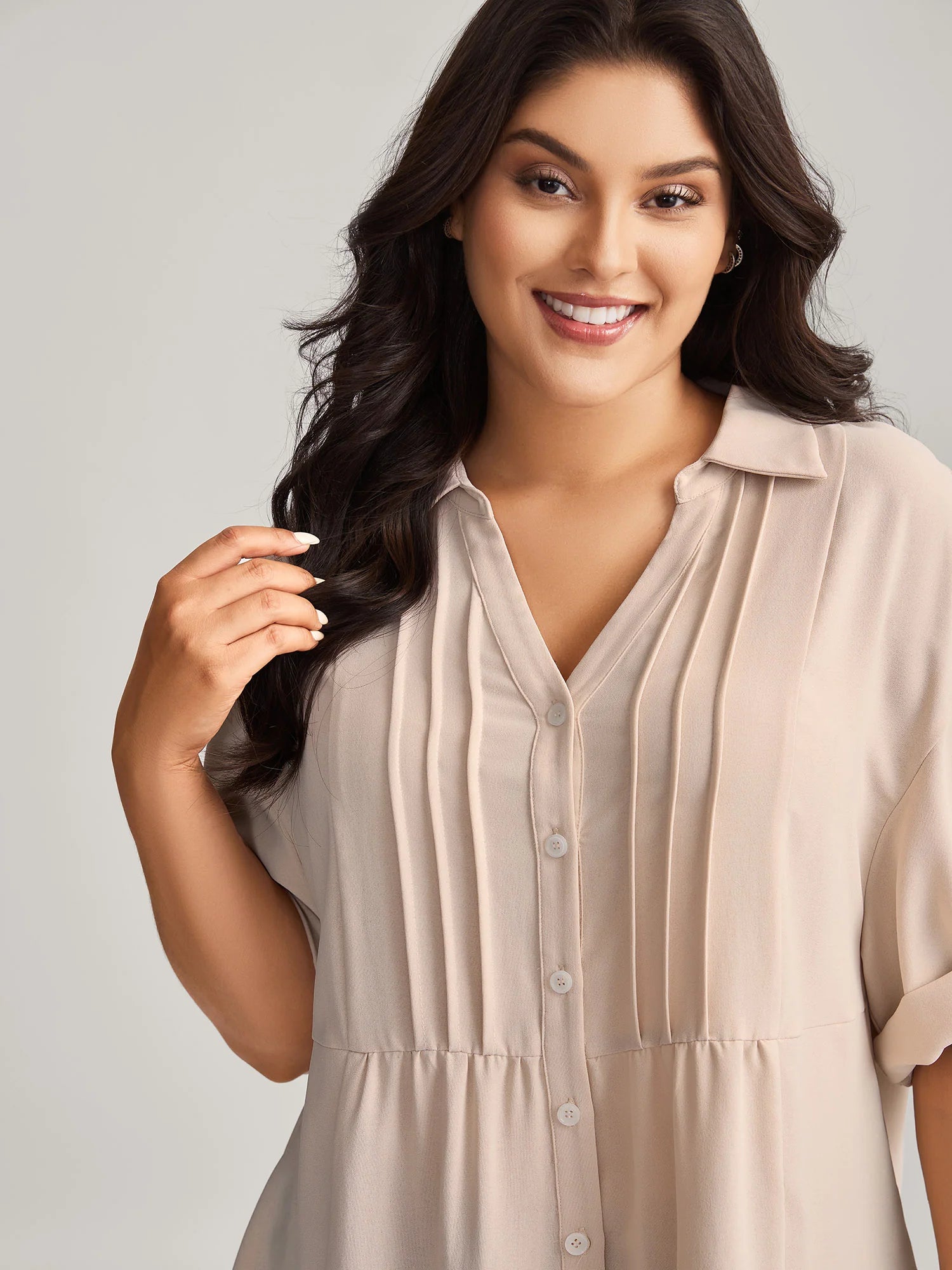 Toothpick Pleats Tab Sleeve Long Blouse