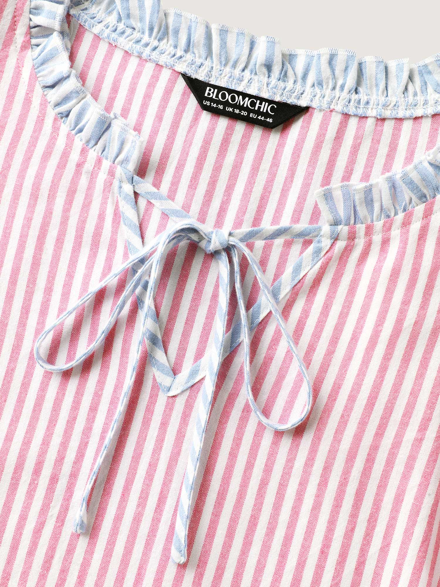 Cotton Colorful Stripes Ruffled Neck Tie Blouse