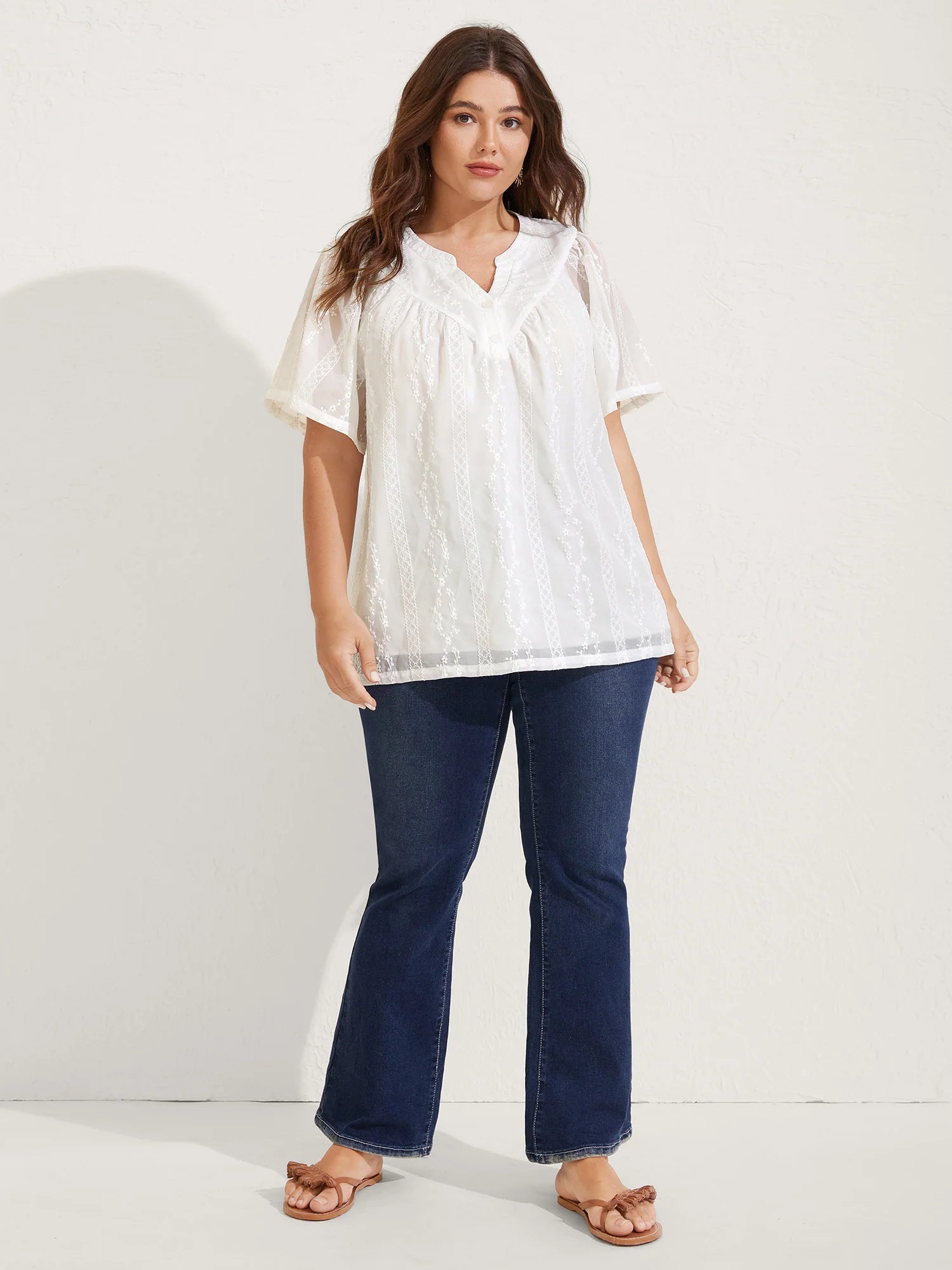 Embroidered Notched Collar Sheer Blouse