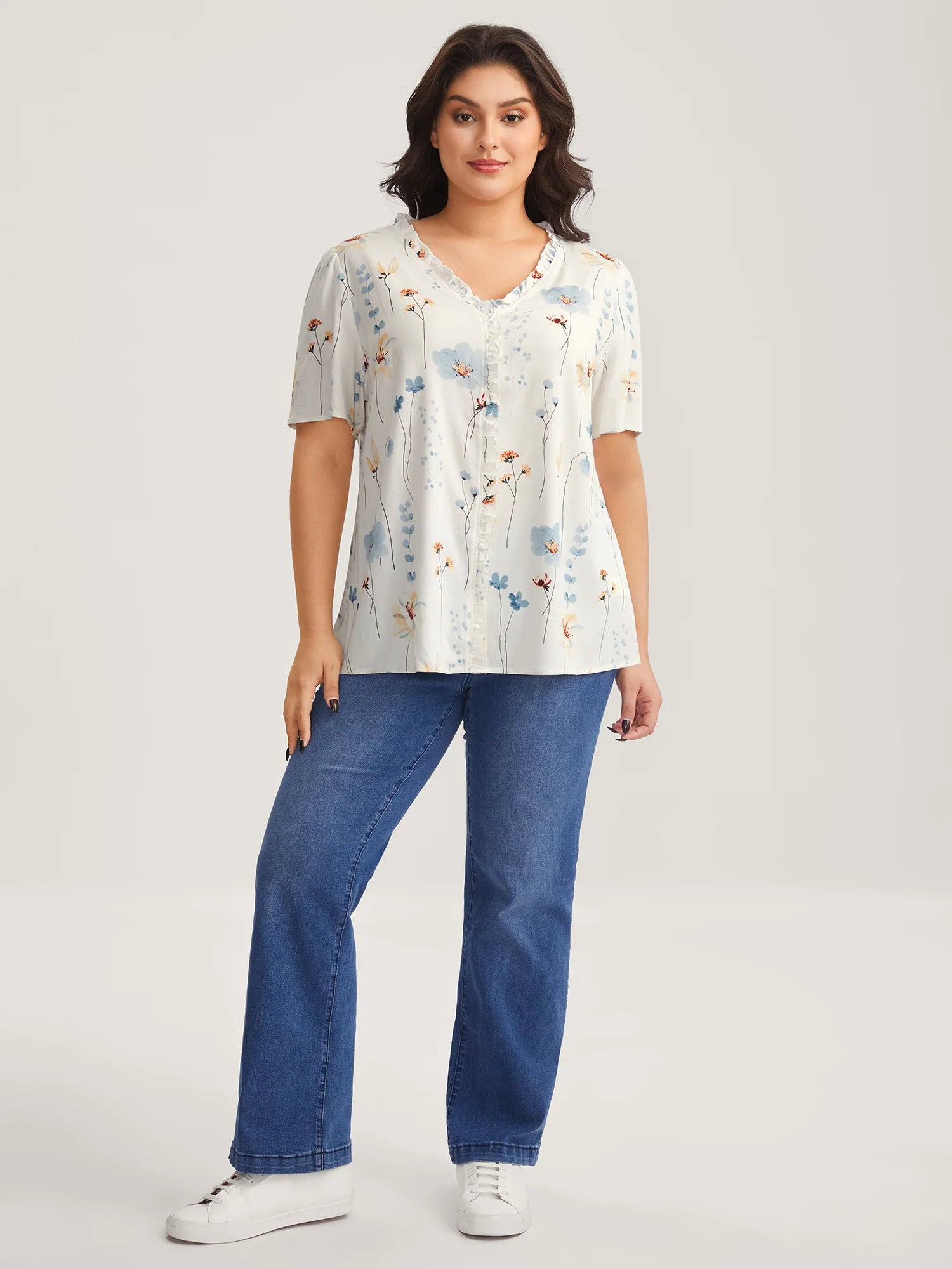 Floral Print Ruffled Placket Blouse