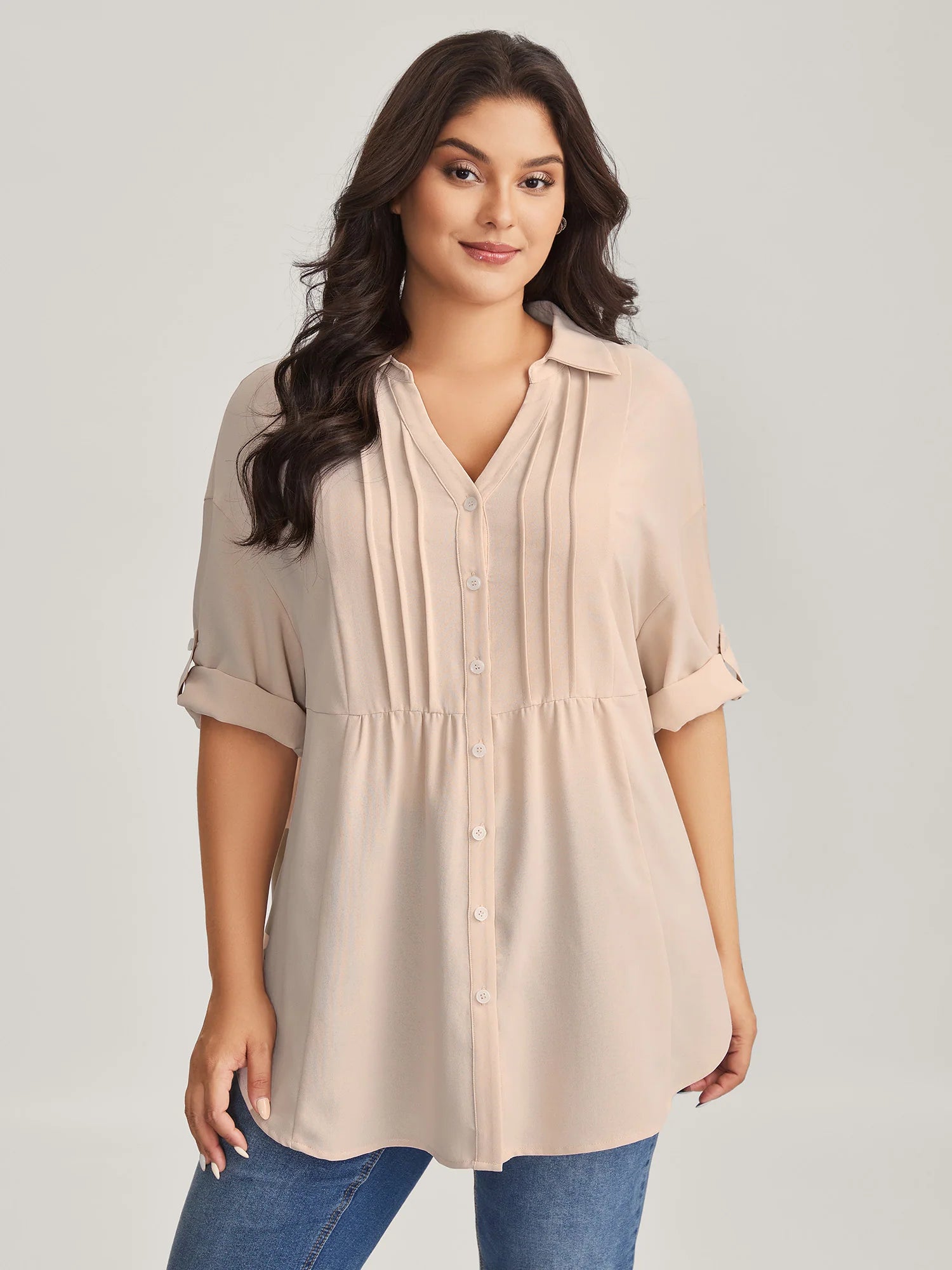 Toothpick Pleats Tab Sleeve Long Blouse