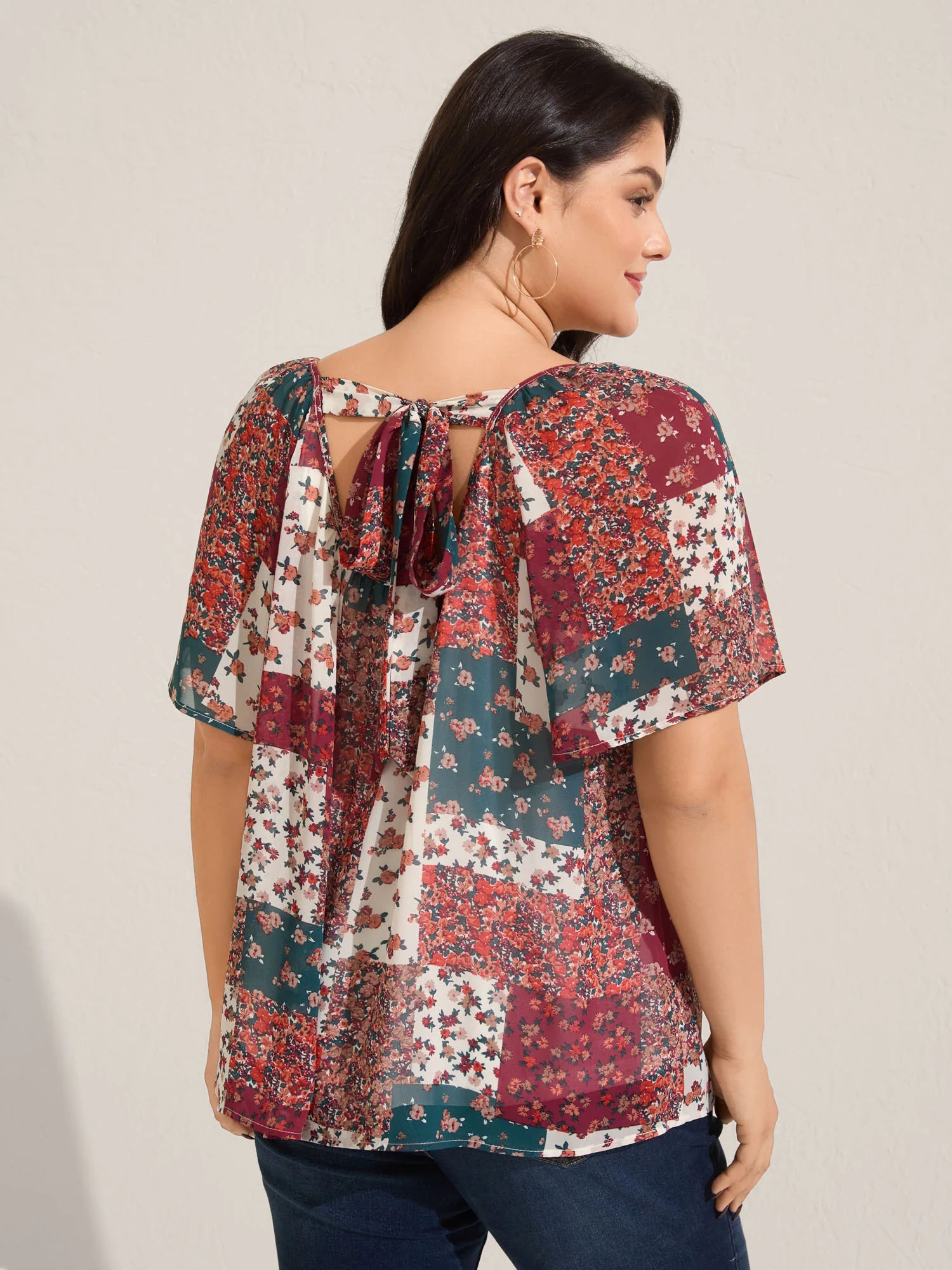 Boho Collage Print Backless Tie Blouse