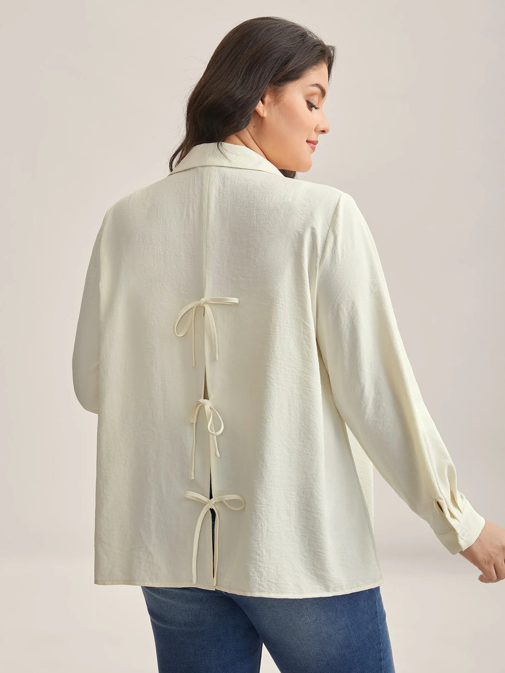 Bow Back Button Placket Solid Blouse