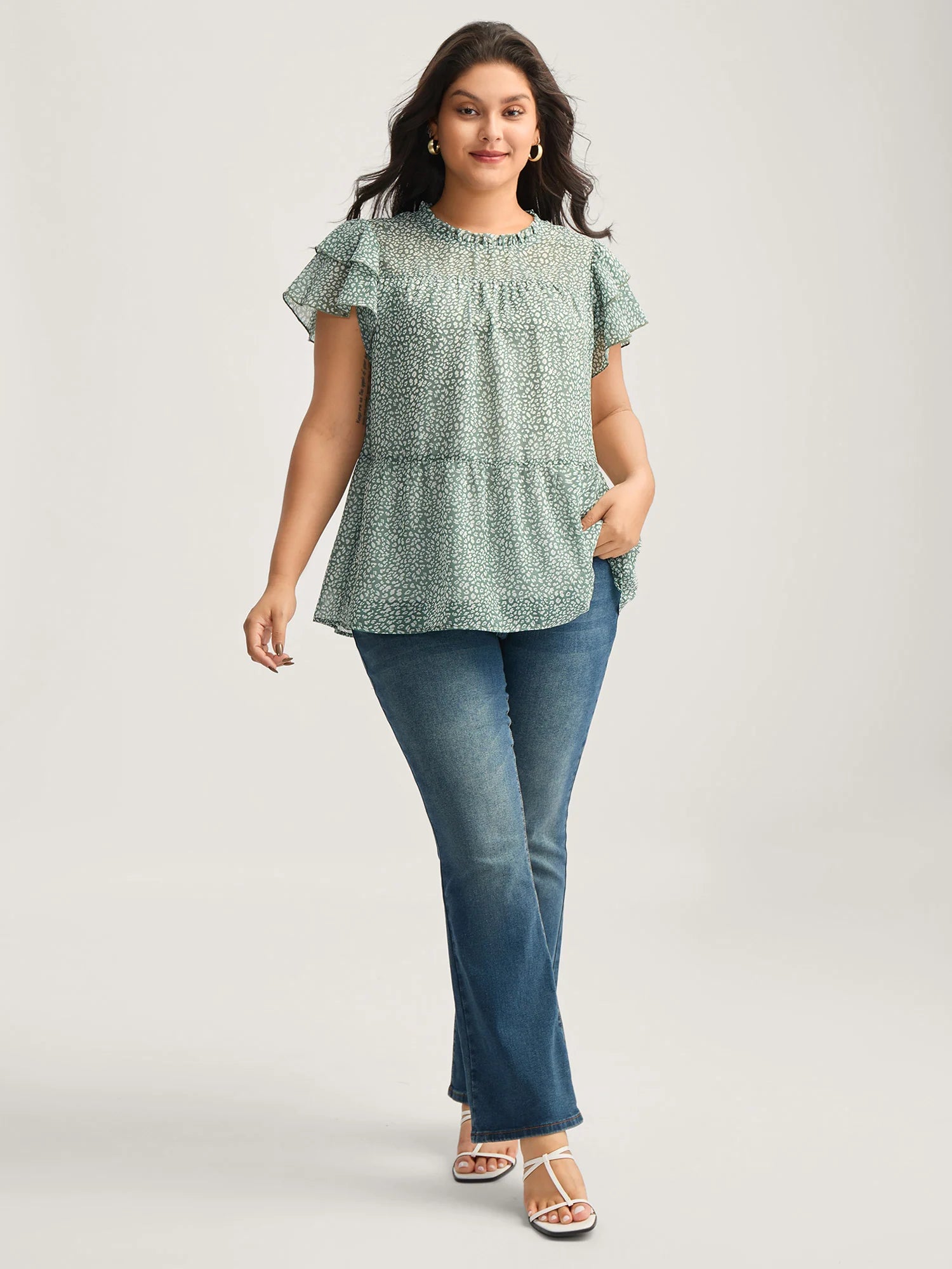 Leopard Print Stretchy Neck Flowy Blouse