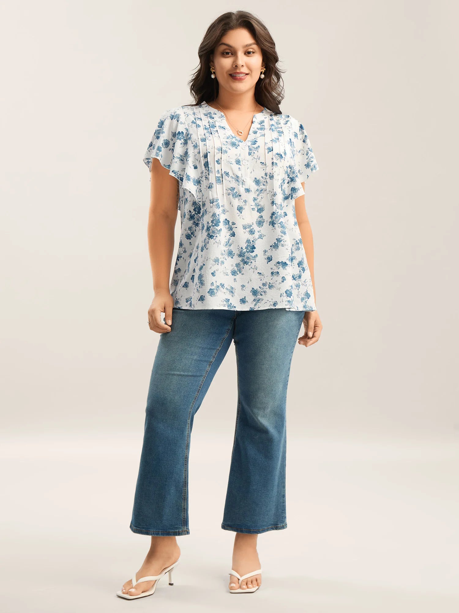 Floral Toothpick Pleat Sheer Blouse