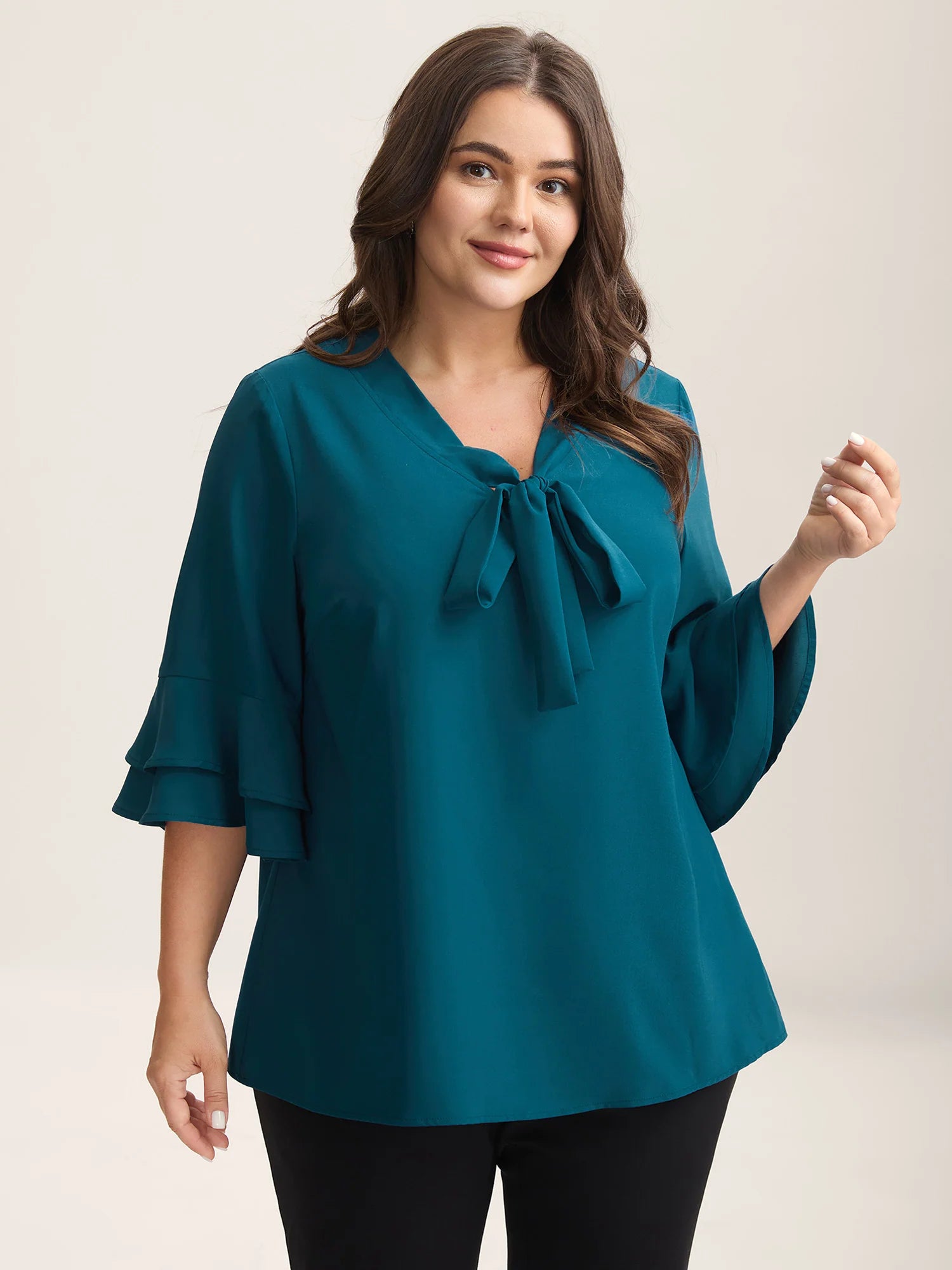 Ribbon Collar Double Lotus Sleeve Blouse