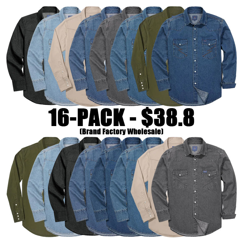 Men's Long Sleeve Stone-Washed and Pre-Washed Denim Work Shirt