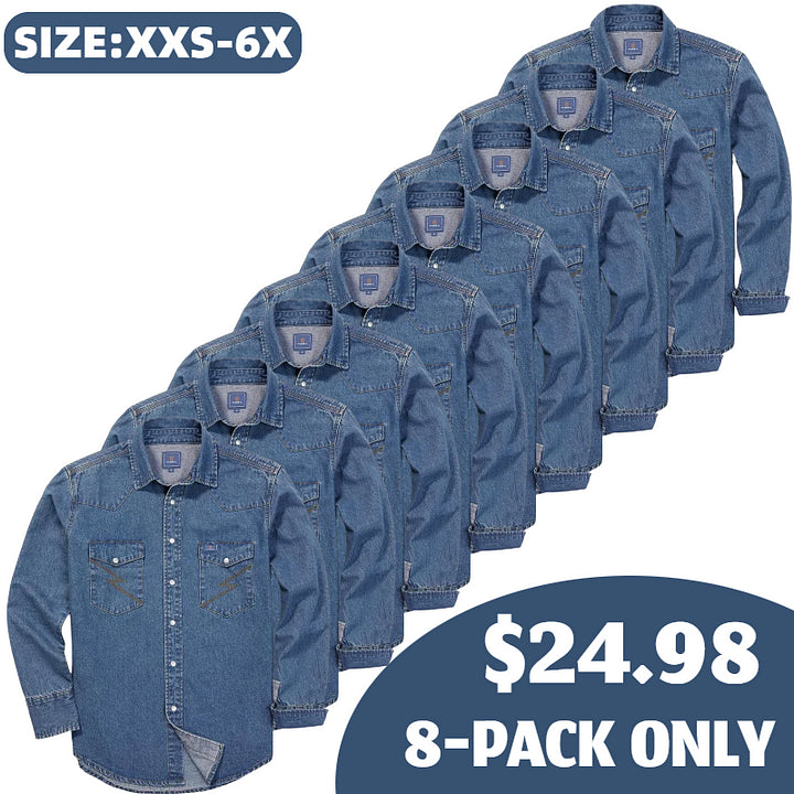 Men's Long Sleeve Stone-Washed and Pre-Washed Denim Work Shirt